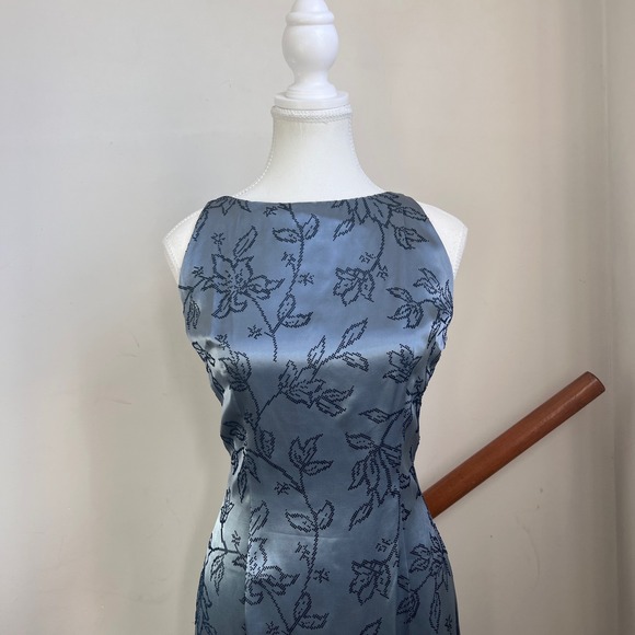 Vintage 90s Maxi Dress Velvet Flocked Floral High Neck Satin Formal Gown Gray - Picture 8 of 11